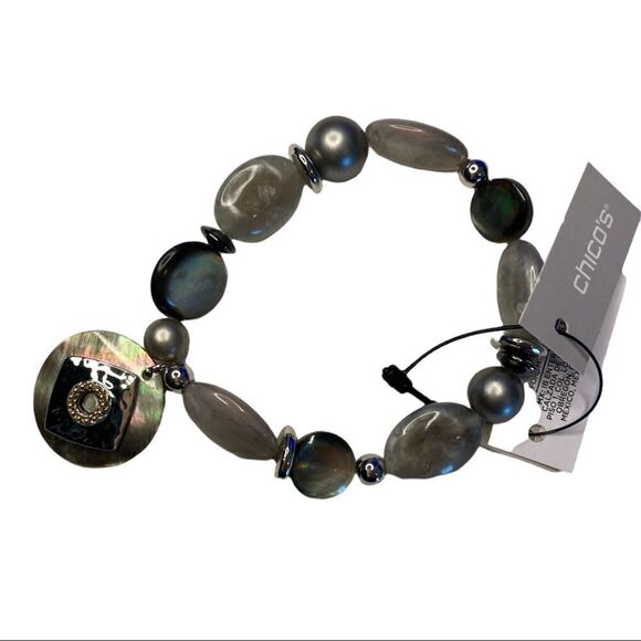 CHICO’S Valia Black, Silver and Gray MOP Stretch Bracelet - Picture 1 of 4